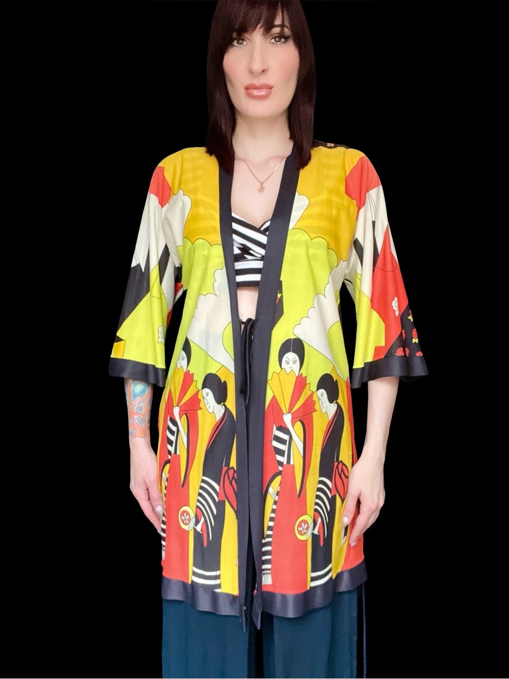 Vintage 1960's Japanese Geisha Novelty Print Pop Art Geometric Kimono Jacket - Picture 6 of 12
